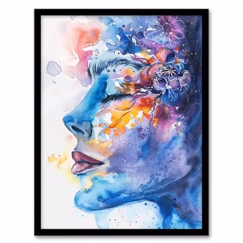 Artery8 Ethereal Woman Face Portrait Floral Watercolour Framed Wall Art Print, Multicolour, W: 21.0 cm, H: 29.7 cm – 1