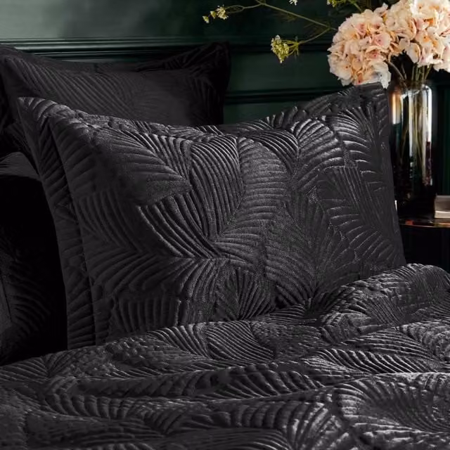 Paoletti Palmeria Quilted Velvet Pillowcase, Black, W: 48 cm x D: 74 cm