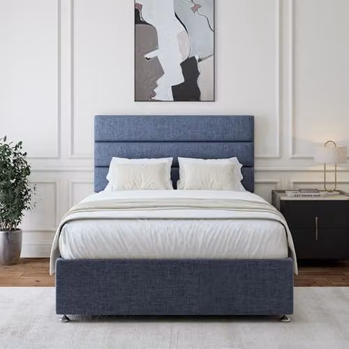 Bedmaster Blue Fabric Upholstered Divan Bed Base with 4 Drawers and Headboard, W/D/H: 140 x 200 x 45 cm