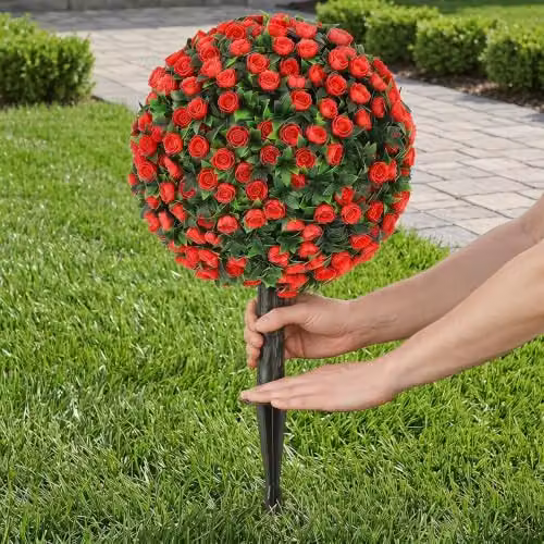 HOMCOM Set of 2 Red Artificial Rose Topiary Trees, UV-Resistant, Height: 55 cm – 9