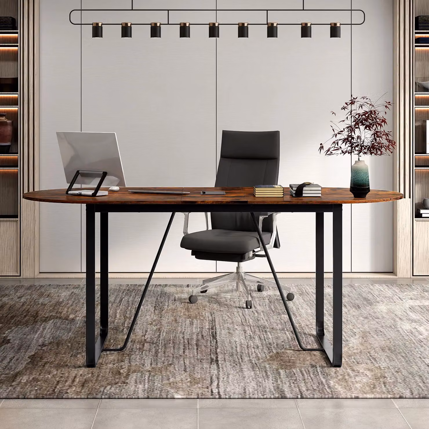 Gymax Oval Executive Home Office Table with Metal Sled Base, Brown – 7