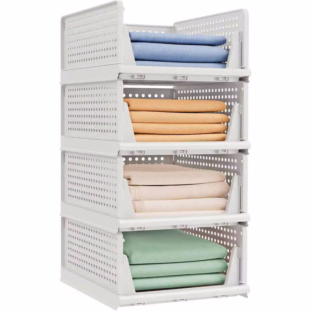 The Bazaarist Set of 4 Stackable and Foldable Plastic Wardrobe Storage Baskets, White – 2
