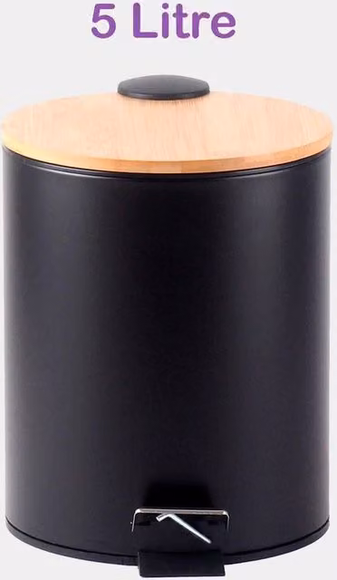 EONLION 5 Litre Black Stainless Steel Pedal Bin with Wooden Lid – 1
