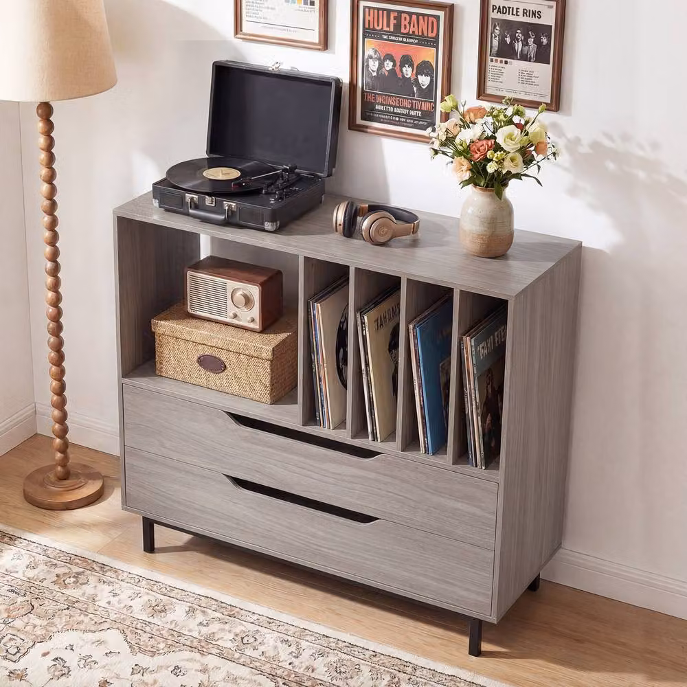 Costway Mid Century Record Player Stand with Media Compartments in Grey – 4