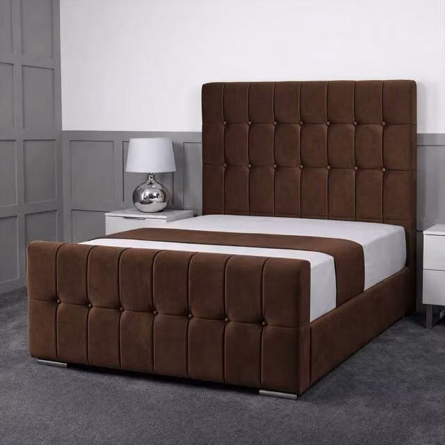 Living Comfort Bedz Belmont Plush Velvet Upholstered Bed with Slatted Base and 48 Inch Headboard in Brown, Double Size