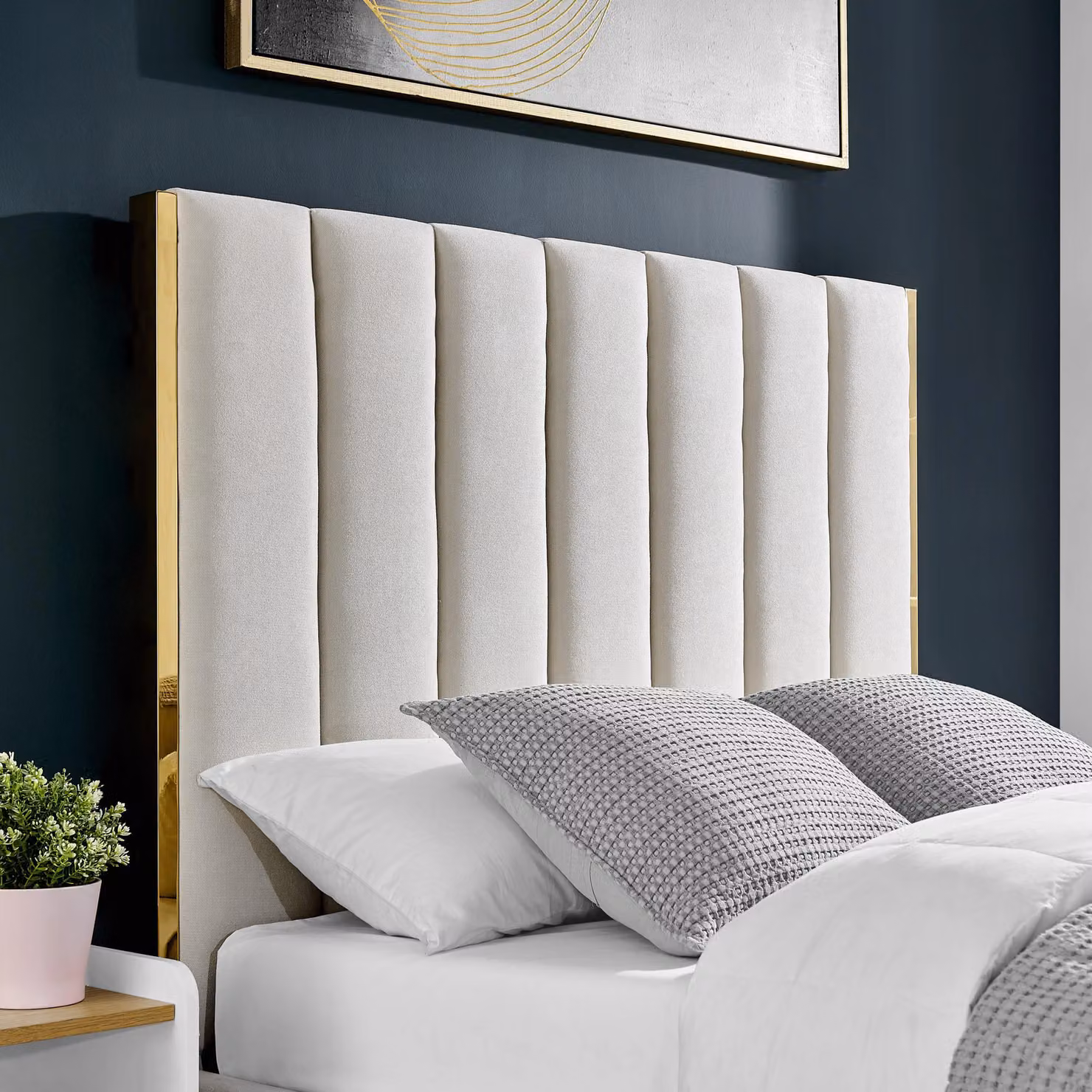 Modish Furnishing Beige Fabric Upholstered Bed with Gold Metal Trim and Lift-Up Ottoman Storage, W: 140 cm x L: 200 cm – 3