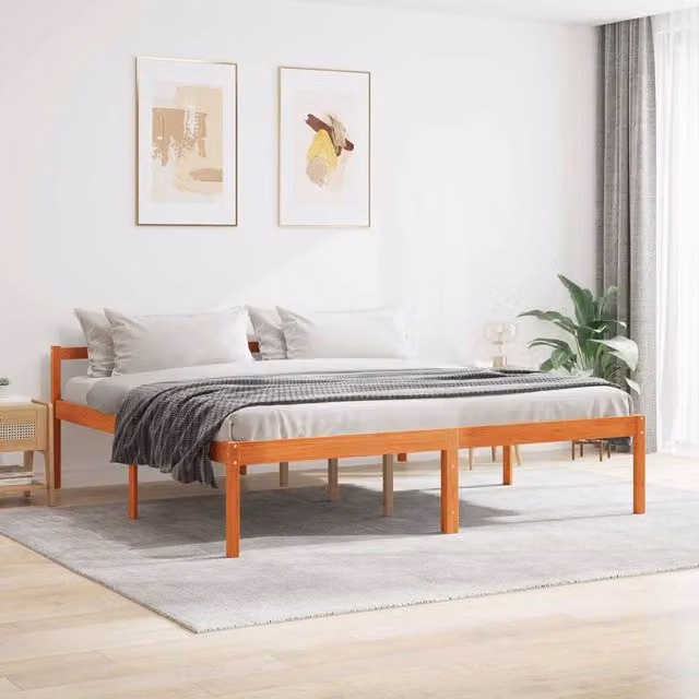 Berkfield Home Solid Pine Wood Bed Frame with Headboard in Wax Brown, 200 x 200 cm – 1