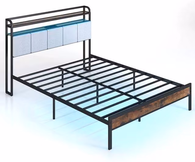 KORVIXA King Size Metal Slats Platform Bed Frame in Black with Under-Bed Lighting and USB Charging Ports