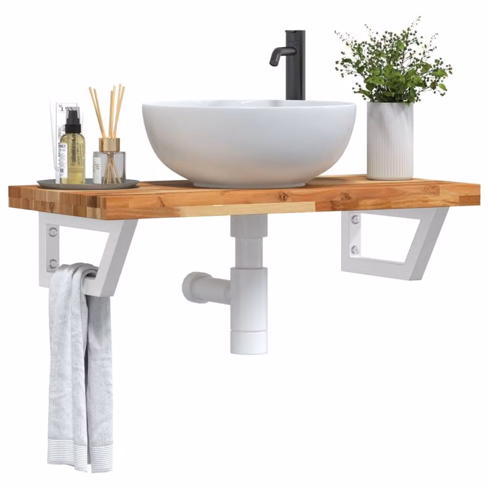 Berkfield Home Elegant Wall Mounted Basin Shelf in Brown Acacia Wood and Steel – 2