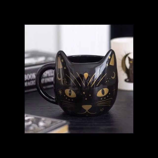 KDMD Magick Black Cat Face Ceramic Mug, Black, 390ml