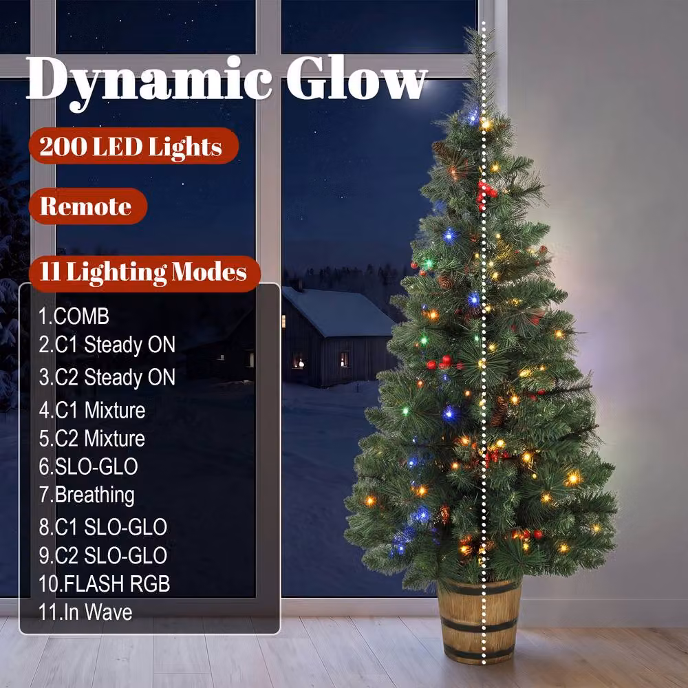 HOMCOM Set of 2 Prelit Christmas Trees with Dual-Colour LED Lights and Red Berries, Green, Height: 122 cm – 5
