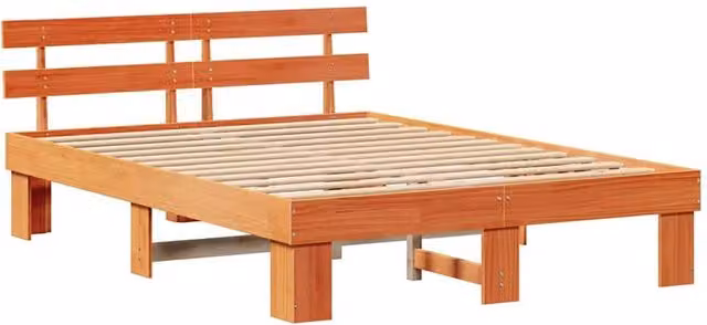 Berkfield Home Solid Wood Pine Bed Frame with Headboard in Wax Brown, W/D/H: 140 x 200 x 73 cm – 1