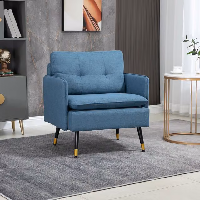 HOMCOM Mid-Century Button Tufted Upholstered Love Seat in Blue Fabric with Gold Metal Legs