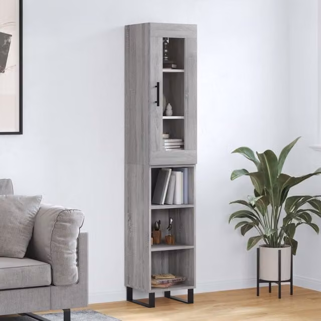 Berkfield Home Grey Sonoma Highboard with Glass Doors and Internal Shelves, W/D/H: 34.5 x 34 x 180 cm – 1