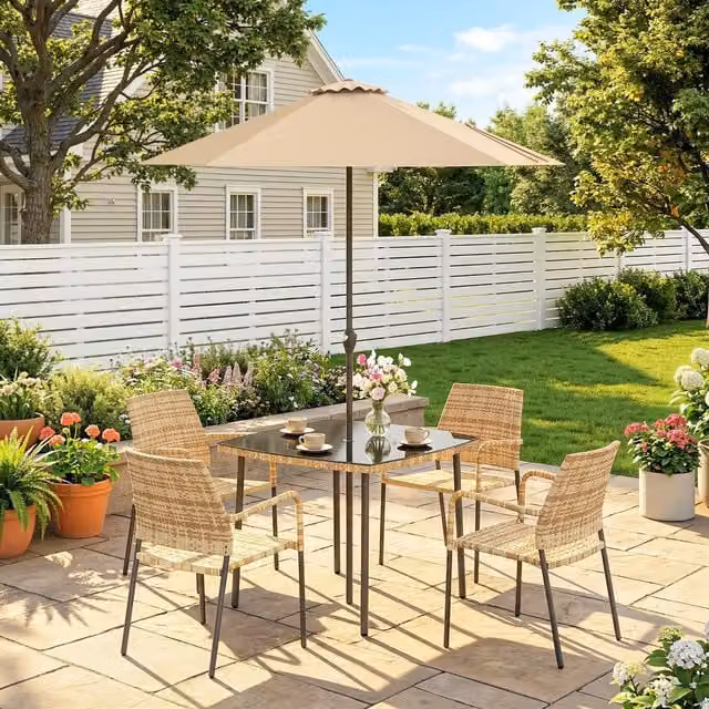 Outsunny 4 Seater Brown Polyrattan Dining Set with Square Table and Parasol