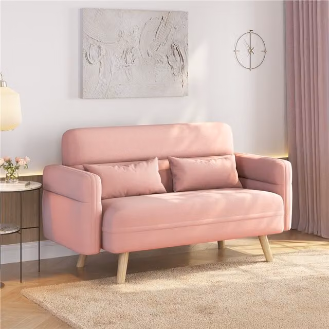 Yaheetech Mid-Century Small Fabric Loveseat Sofa in Pink with Scatter Cushions and Solid Wood Frame, Width: 77.5 cm