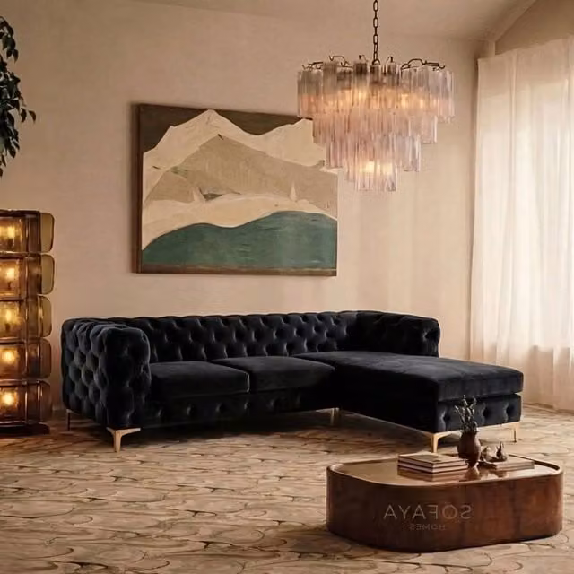 Sofaya Monaco Chesterfield 3 Seater L-Shaped Sofa in Black Velvet with Right Hand Facing Chaise – 1