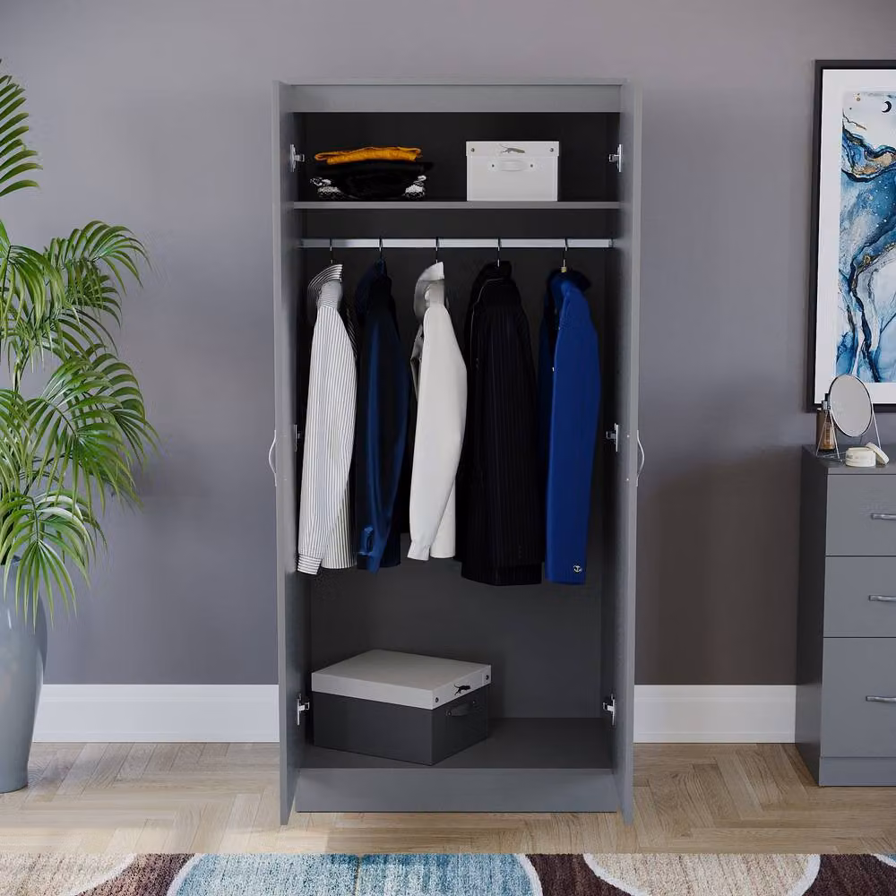 HD Designs Modern 2 Door Grey MDF Wardrobe H 170 cm x W 76 cm x D 47 cm – 2