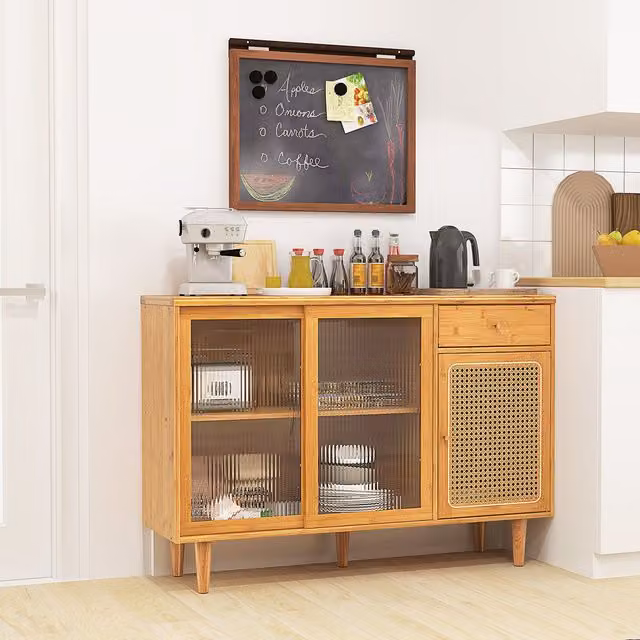 Costway Buffet Sideboard Kitchen Storage Cabinet with Tempered Glass Sliding Doors in Natural Brown