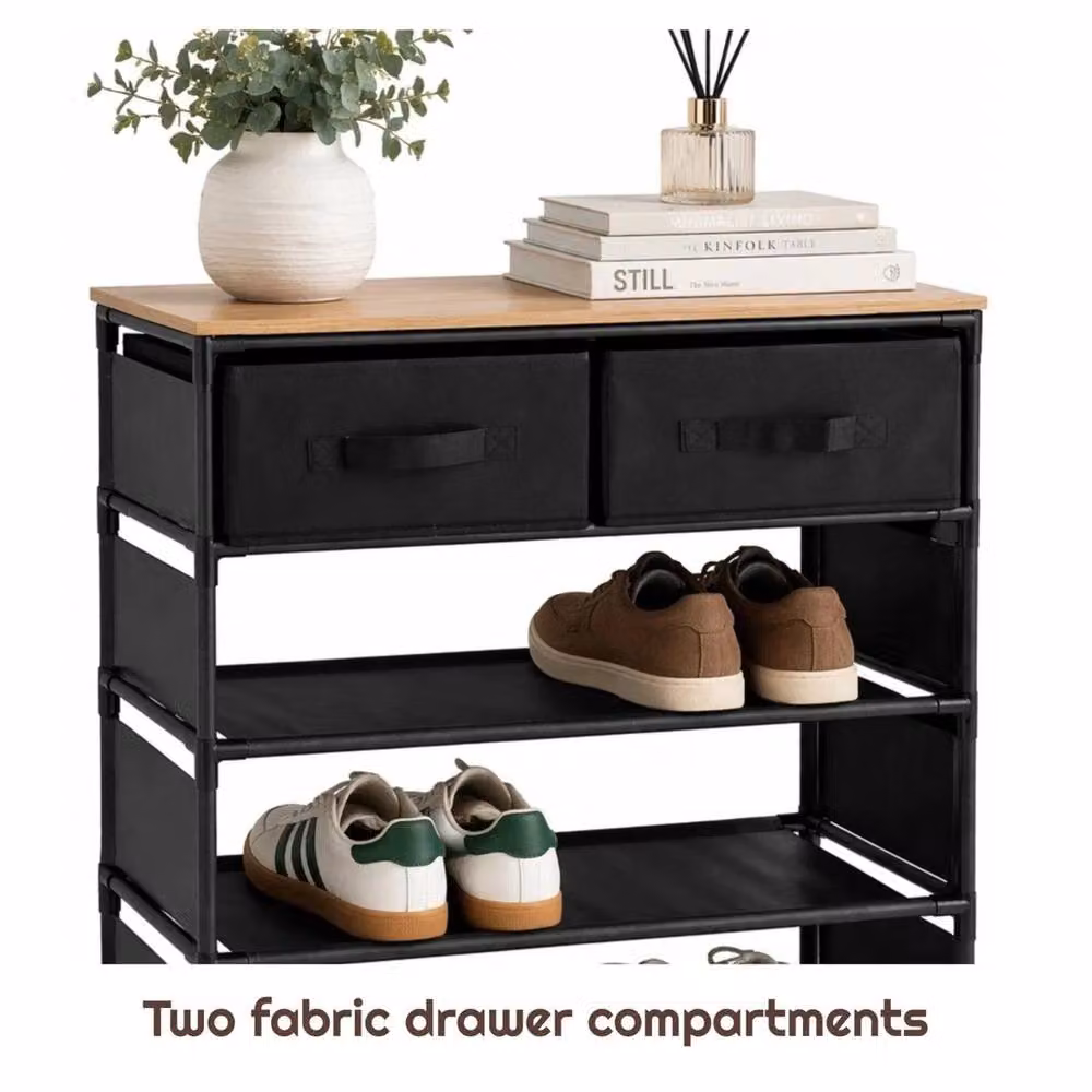 FORGEVIO 3 Tier Shoe Rack with 2 Drawers and Wooden Top, Black and Multicolour, W: 60.0 cm, D: 26.0 cm, H: 72.0 cm – 4