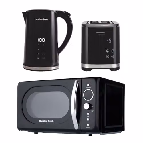 Hamilton Beach FlexiControl Retro Kitchen Set in Black, including 1.7L Digital Kettle, 2-Slice Toaster and 20L Microwave – 4