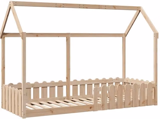 Berkfield Home Kids House Bed Frame in Brown Solid Pine Wood, W/D/H: 80 x 200 cm