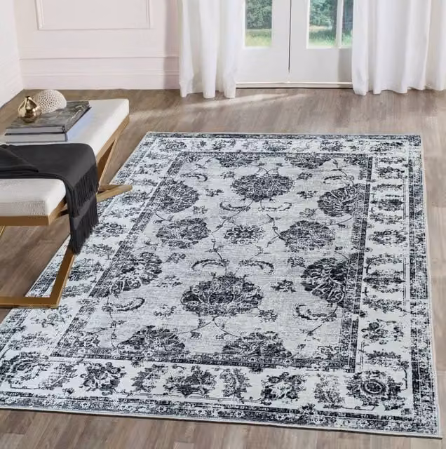 The Rug Shop UK Grey Bordered Floral Traditional Stain-Resistant Polyester Rug, W: 60 cm, L: 180 cm, Thickness: 7 mm