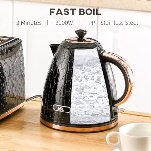 HOMCOM Black Electric Kettle with Auto Shut-off and Limescale Filter, 1.7 l, 3 kW – 3