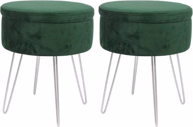 Harbour Housewares Set of 2 Green Velvet Cylindrical Storage Footstools with Silver Legs