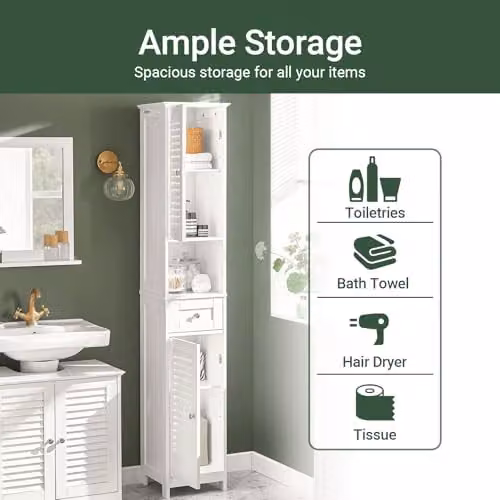 SoBuy Tall Freestanding Bathroom Storage Cabinet in White with Doors, Drawer and Open Shelf, W32 x D30 x H170 cm – 3
