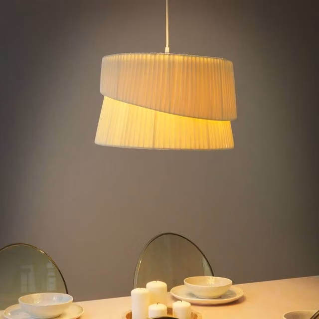 Wyld and Coco Beige Fabric and Metal Boho Cylinder Pendant Lamp, H 178 x W 45 x D 45 cm – 1