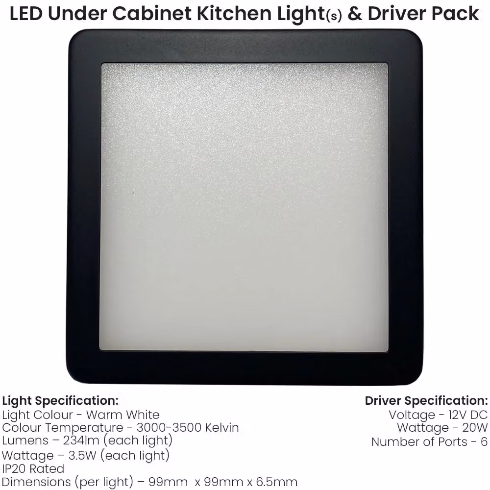 Loops 5-Pack Matt Black Ultra-Slim Square Under Cabinet Kitchen LED Light and Driver Kit with Warm White Diffused Light – 1