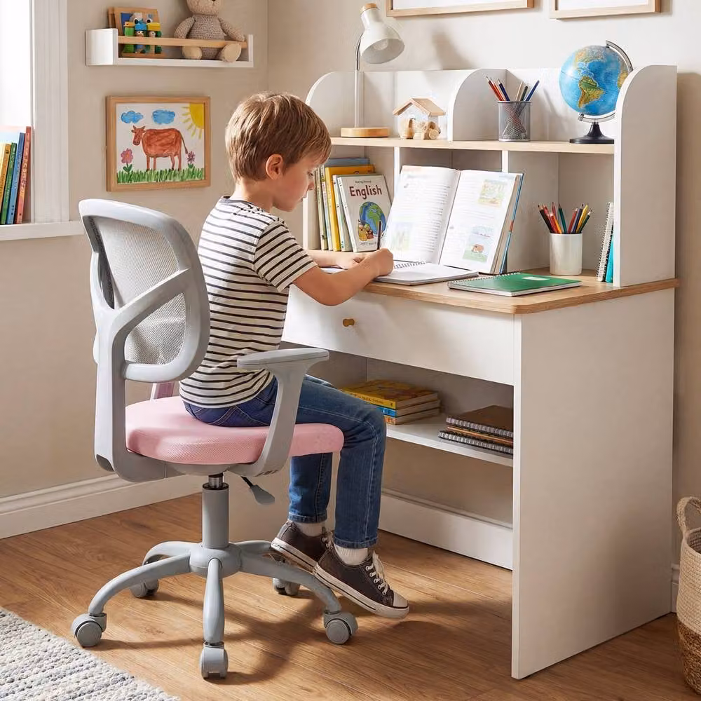 Costway Pink Mesh Kids Study Chair with Armrests and Swivel Function – 4