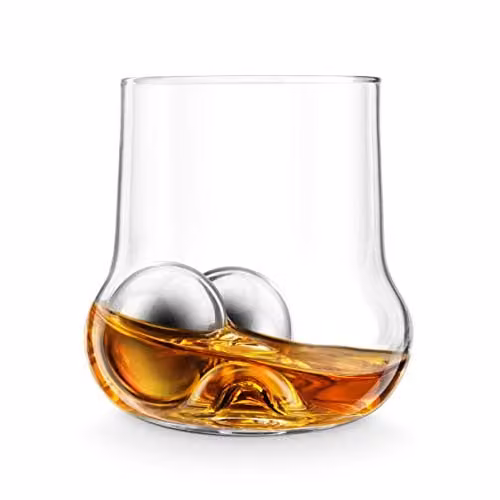 Final Touch Rock Roller Whiskey Tumbler Set with Silver Stainless Steel Ice Chilling Balls and Tongs in Transparent Glass – 1