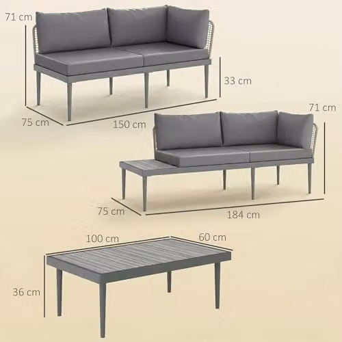 Outsunny 3 Piece L Shaped Rattan Garden Furniture Set with Upholstered Cushions, Grey – 5