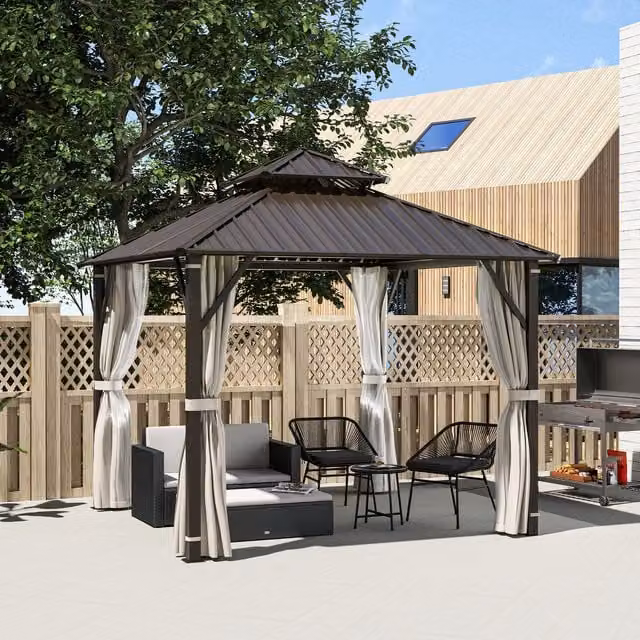 Outsunny Beige Hardtop Gazebo with Metal Roof, Netting and Curtains, W/D/H: 300 x 300 x 240 cm
