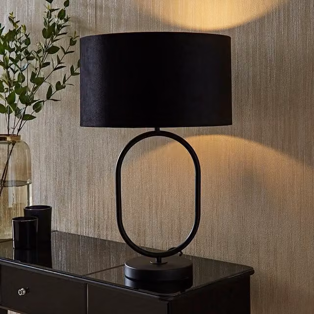 ValueLights Antonia Art Deco Oval Table Lamp with Black Velvet Drum Shade and LED Bulb