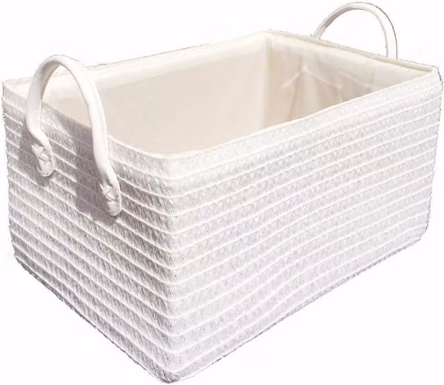 Topfurnishing White Fabric and Plastic Baby Nursery Storage Basket with Handles