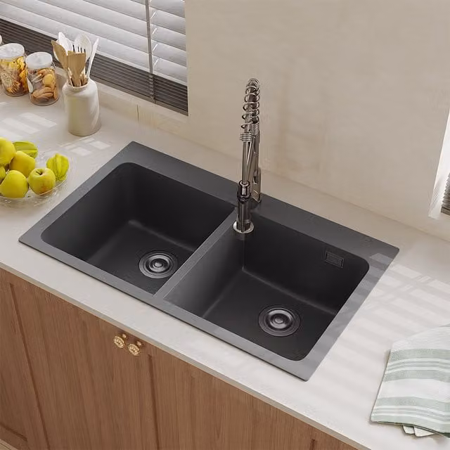 Livingandhome Anthracite Grey Stainless Steel Double Bowl Kitchen Sink with Strainer and Pipes