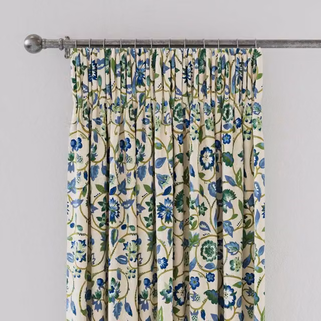 Land & Shore Esther Floral Lined Cotton Curtains, Green, Blue and Multicolour, W: 137.16 cm, H: 228.6 cm