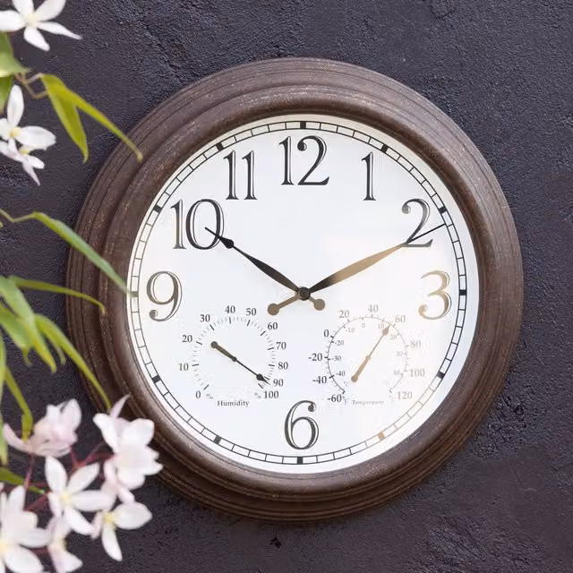 Primrose Antique Brown Round Metal Outdoor Wall Clock with Thermometer and Hygrometer, Diameter: 47 cm