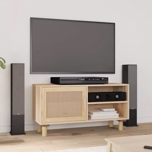 vidaXL Solid Wood Pine TV Cabinet with Natural Rattan, Brown, W/D/H: 80 x 30 x 40 cm – 2