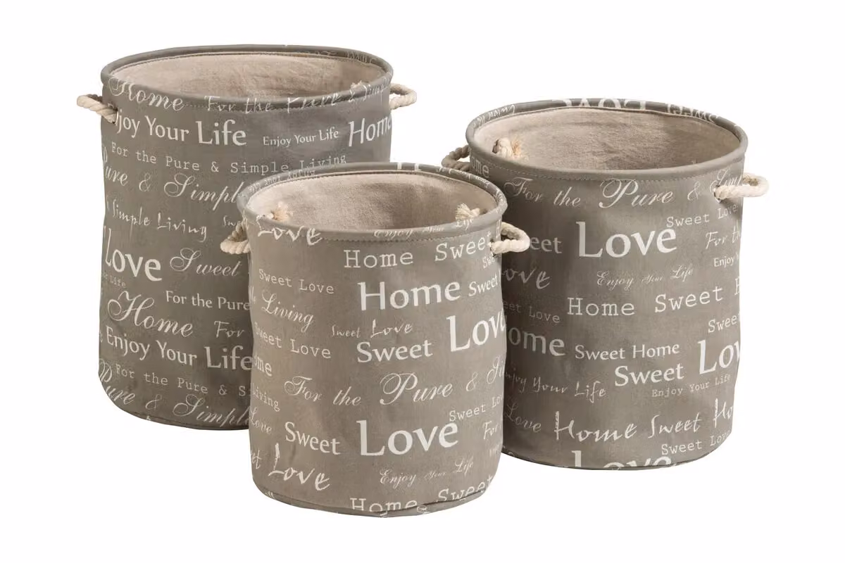 Orsina Set of Three English Words Round Canvas Laundry Hampers in Grey – 2