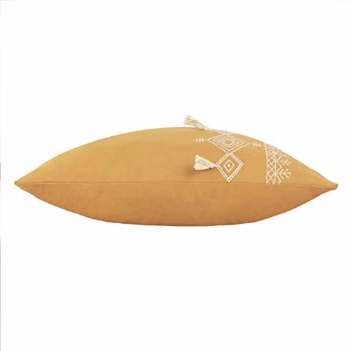 Pritta Bohemian Geometric Embroidered Cotton Tassel Trim Cushion in Mustard Yellow, W: 60 cm, H: 40 cm, D: 40 cm – 2