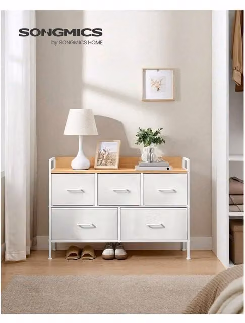 SONGMICS White Fabric Chest of Drawers with 5 Drawers and Metal Frame