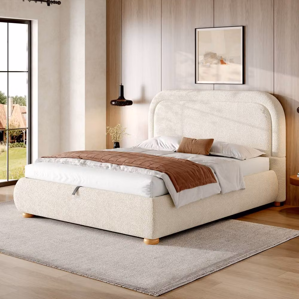 Merax Beige Bouclé Upholstered Ottoman Bed Frame with Curved Headboard, W/D/H: 140 x 190 cm – 3