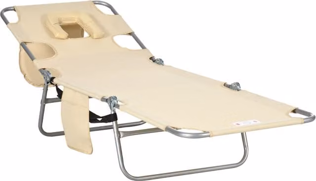 Outsunny Beige Foldable Beach Chaise Lounge with Adjustable Headrest and Armrests – 1