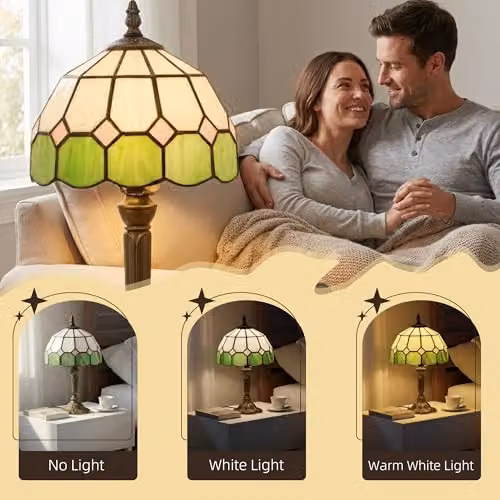 HOMCOM Tiffany-Style Stained Glass Table Lamp in Green, White and Bronze – 4