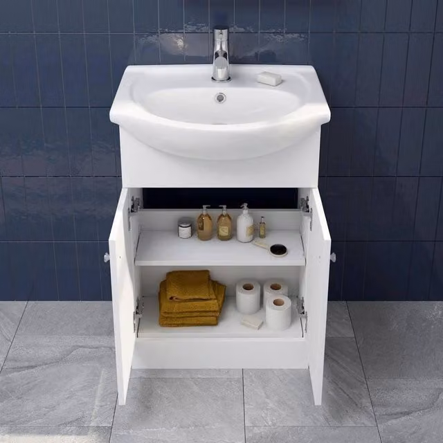 KORVIXA Modern White Matt Freestanding Bathroom Basin Sink Vanity Unit with Soft Close Hinged Doors and Internal Shelves W/D/H: 56.0 x 43.5 x 78.1 cm