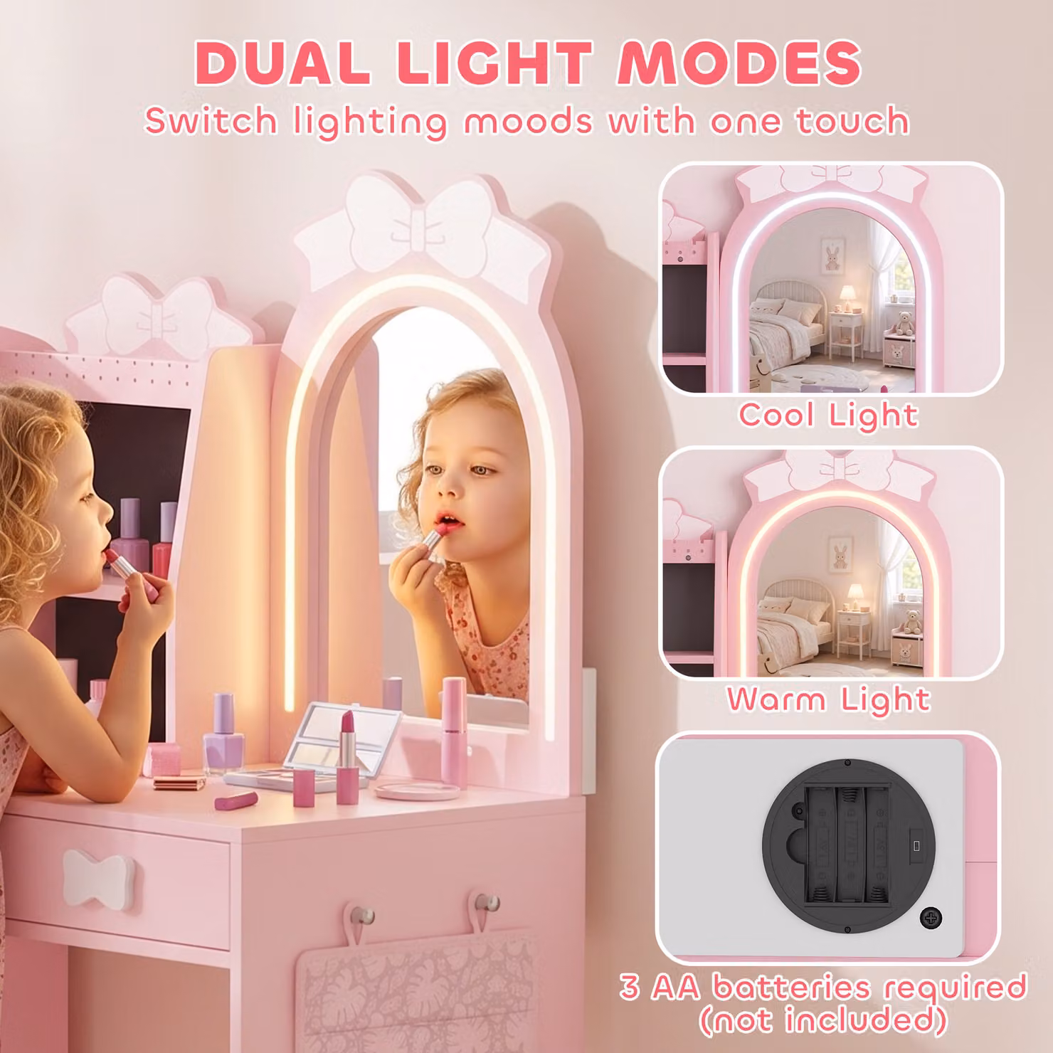 AIYAPLAY Kids 3-in-1 Vanity Set with Stool and LED Hollywood Mirror in Pink – 2